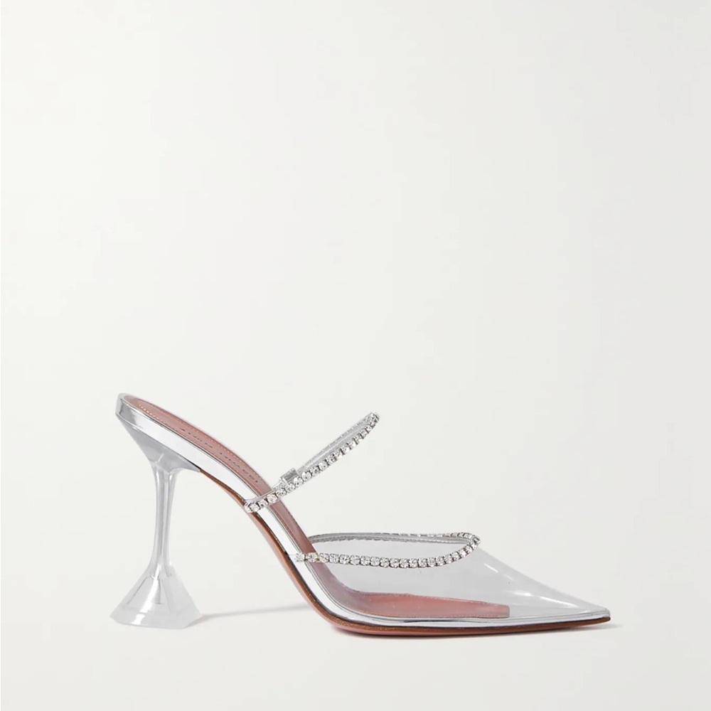 Amina Muaddi Clear Heels with Silver Accents